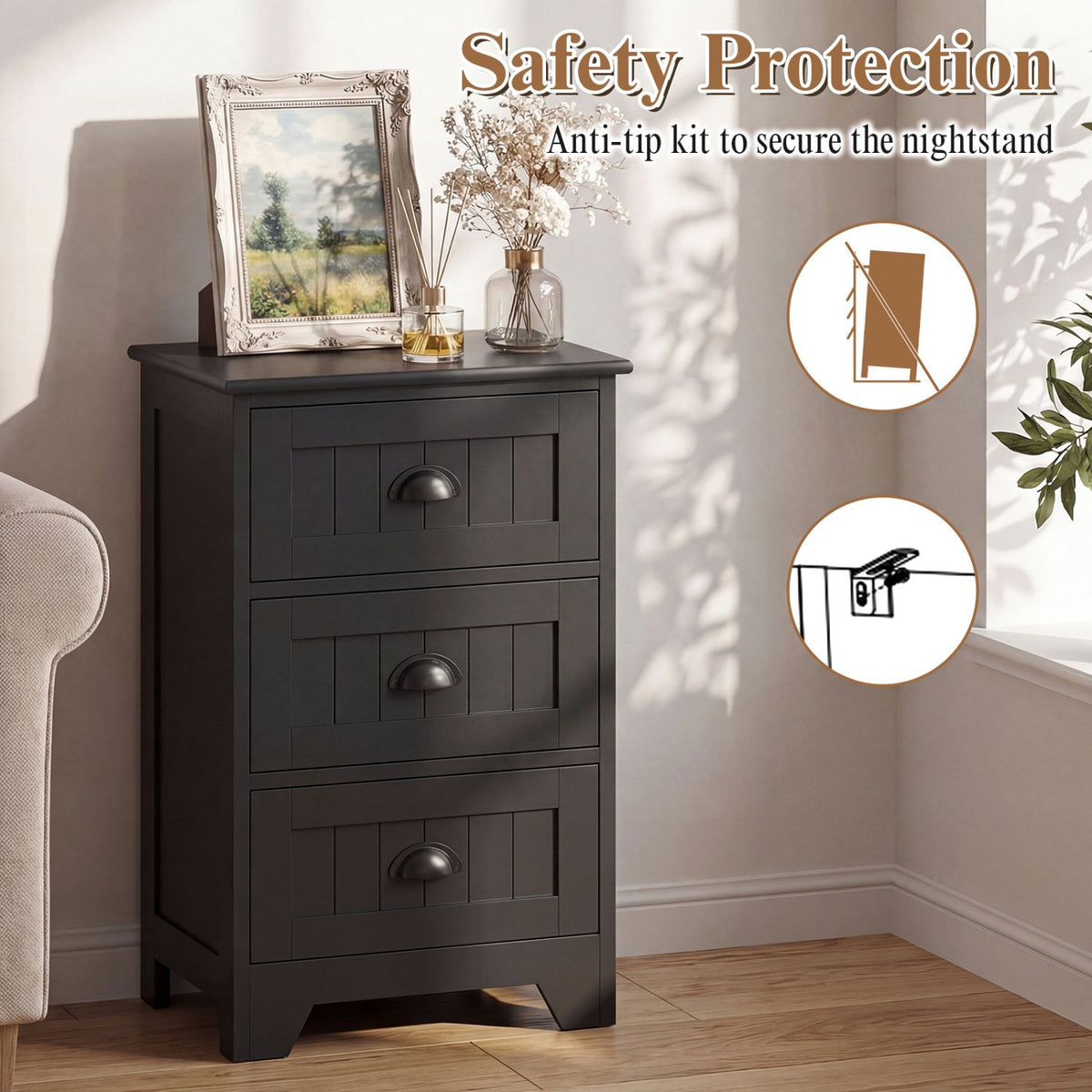 3 Drawers End Storage Wood Side Nightstand-Black view 7