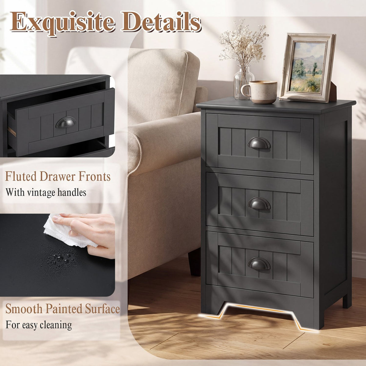 3 Drawers End Storage Wood Side Nightstand-Black view 8
