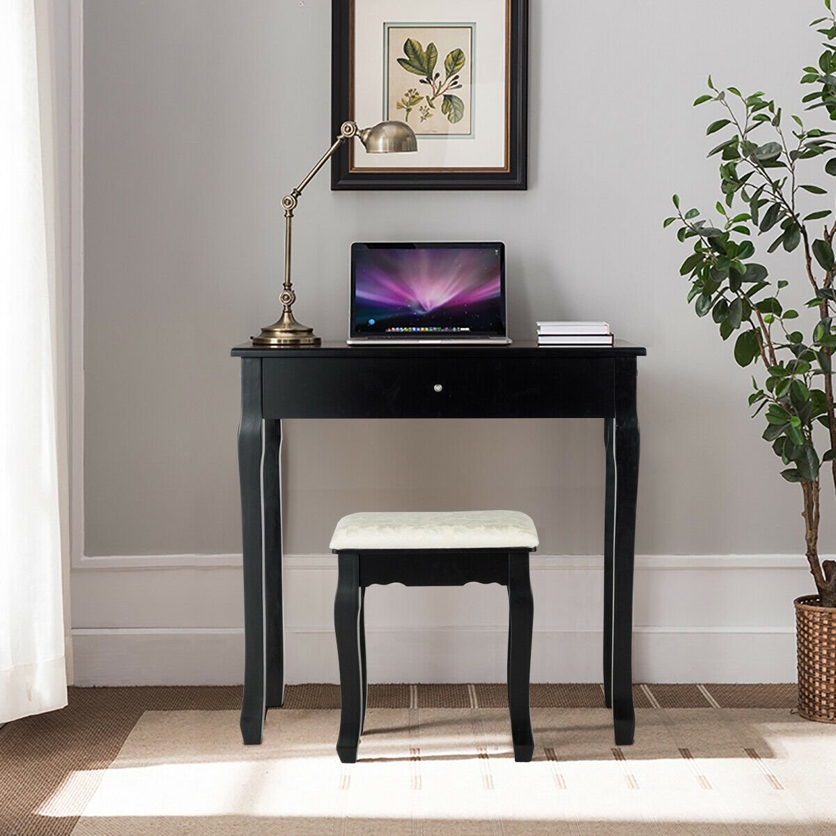 3 Drawers Lighted Mirror Vanity Dressing Table Stool Set-Black view 2