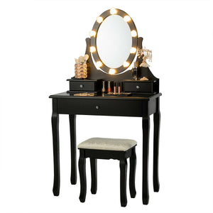3 Drawers Lighted Mirror Vanity Dressing Table Stool Set-Black view 4