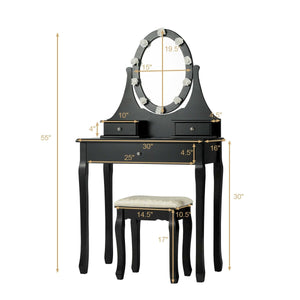 3 Drawers Lighted Mirror Vanity Dressing Table Stool Set-Black view 5