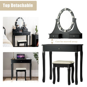 3 Drawers Lighted Mirror Vanity Dressing Table Stool Set-Black view 6