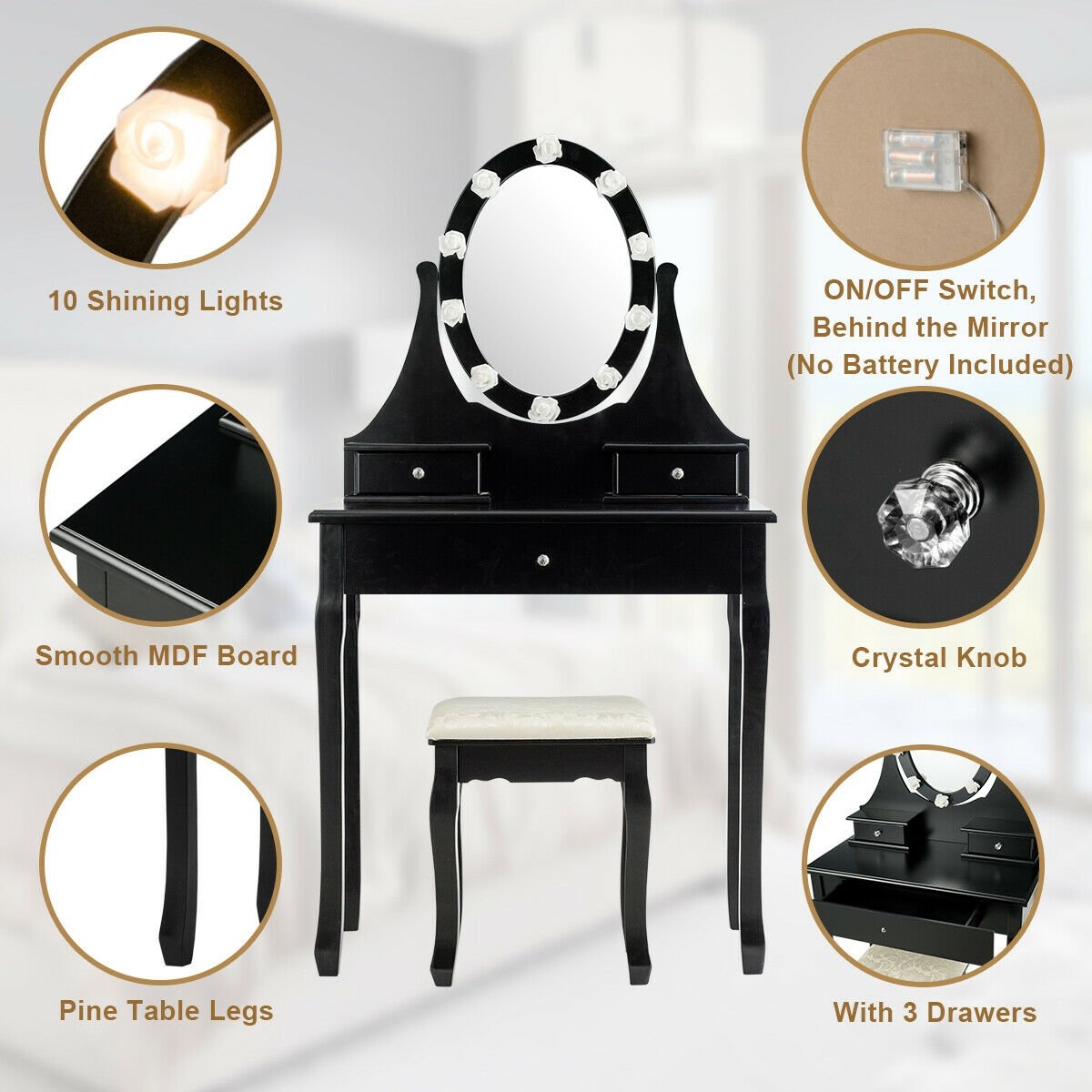 3 Drawers Lighted Mirror Vanity Dressing Table Stool Set-Black view 7