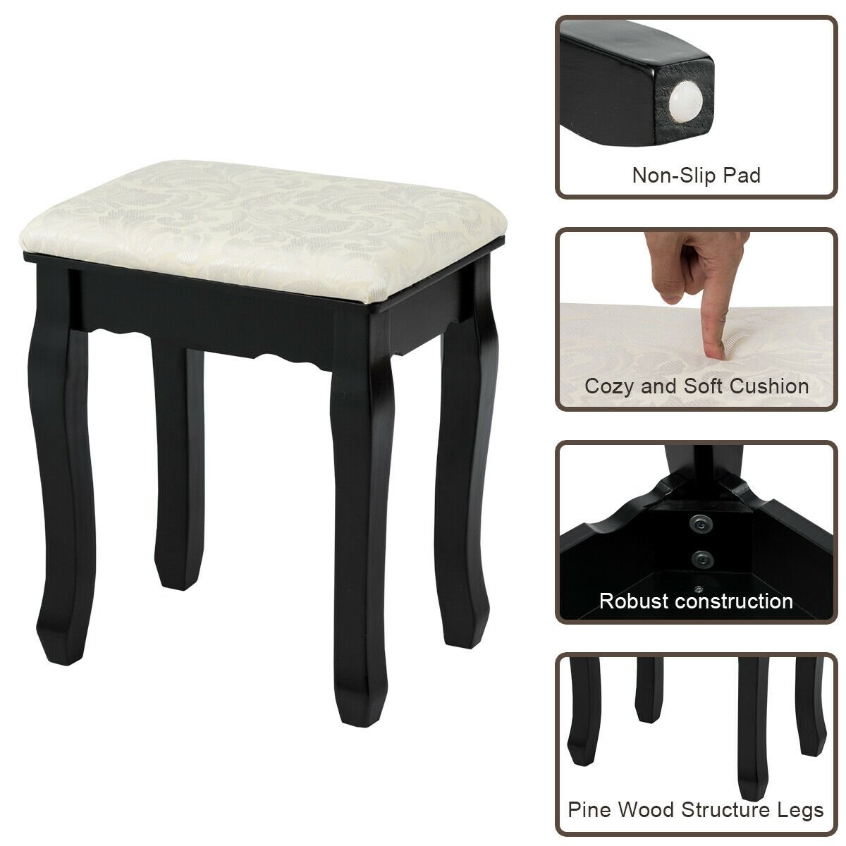 3 Drawers Lighted Mirror Vanity Dressing Table Stool Set-Black view 8