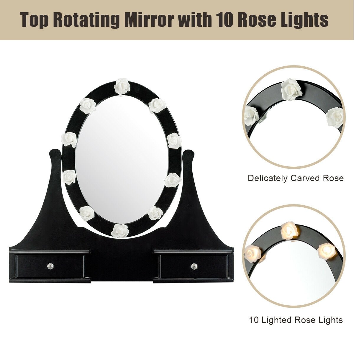 3 Drawers Lighted Mirror Vanity Dressing Table Stool Set-Black view 9