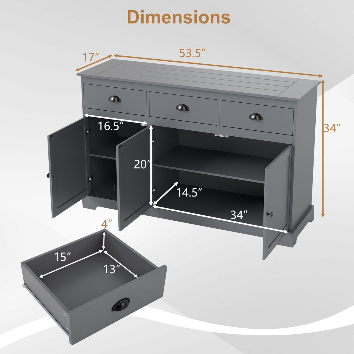 3 Drawers Sideboard Buffet Storage with Adjustable Shelves-Gray view 5