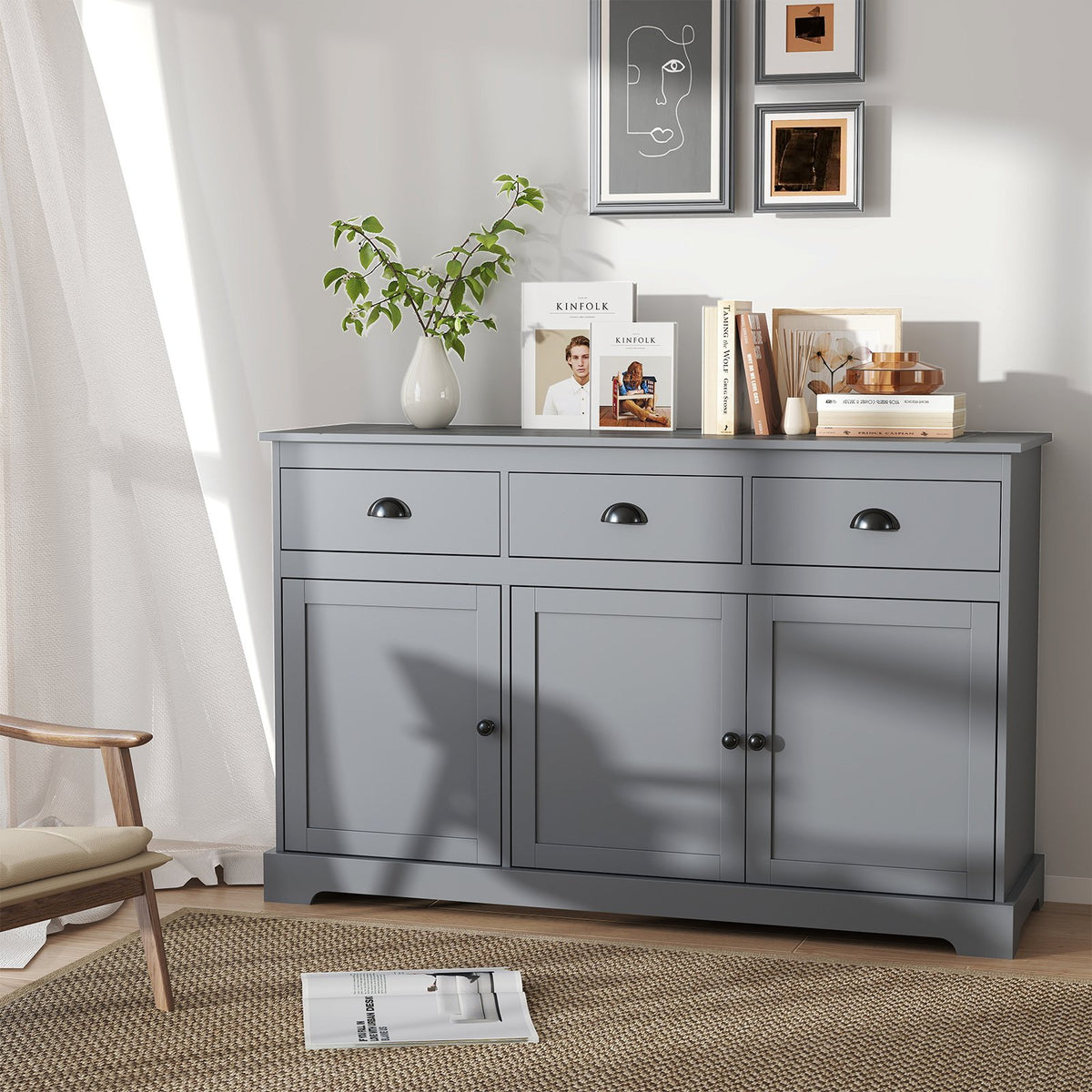 3 Drawers Sideboard Buffet Storage with Adjustable Shelves-Gray view 6