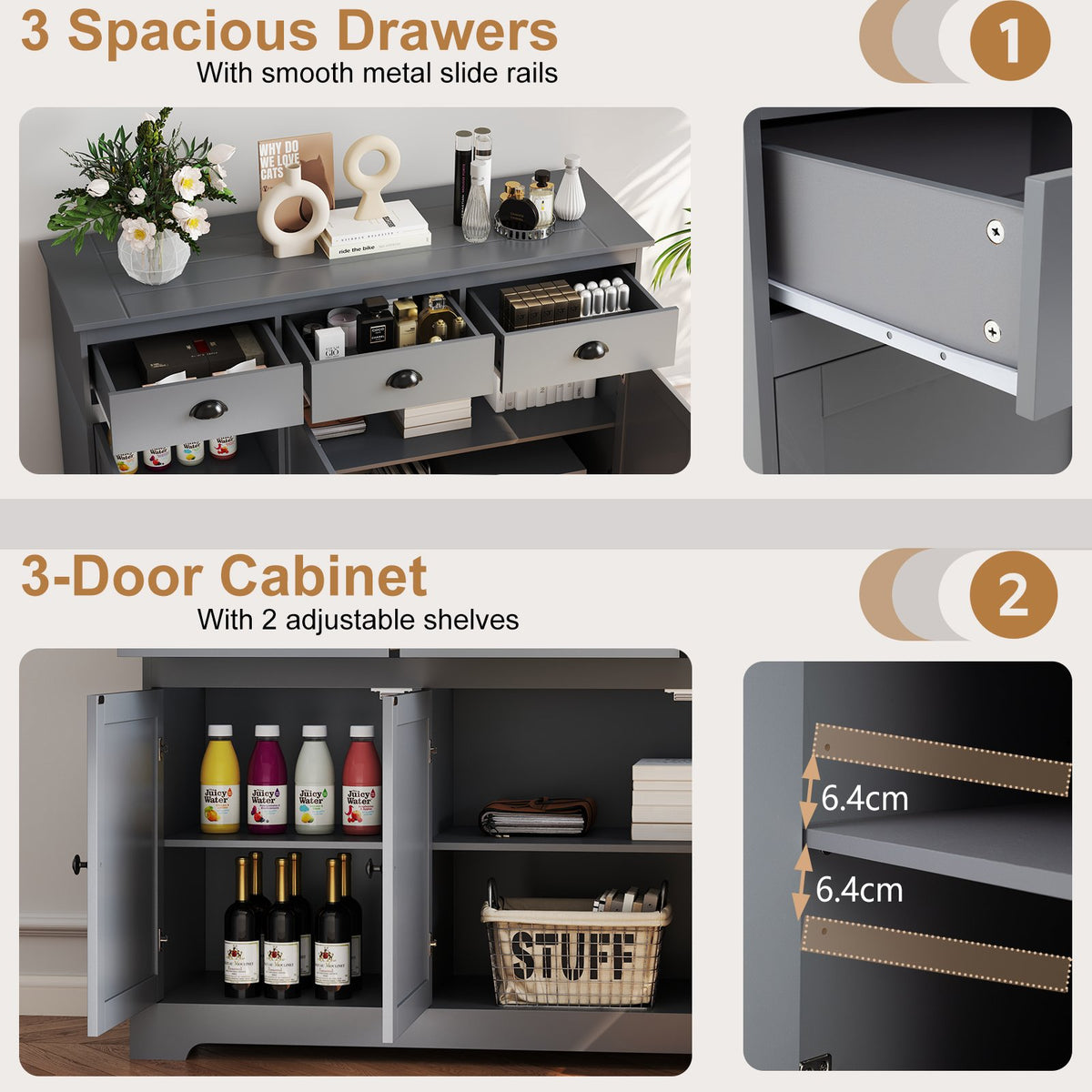 3 Drawers Sideboard Buffet Storage with Adjustable Shelves-Gray view 8