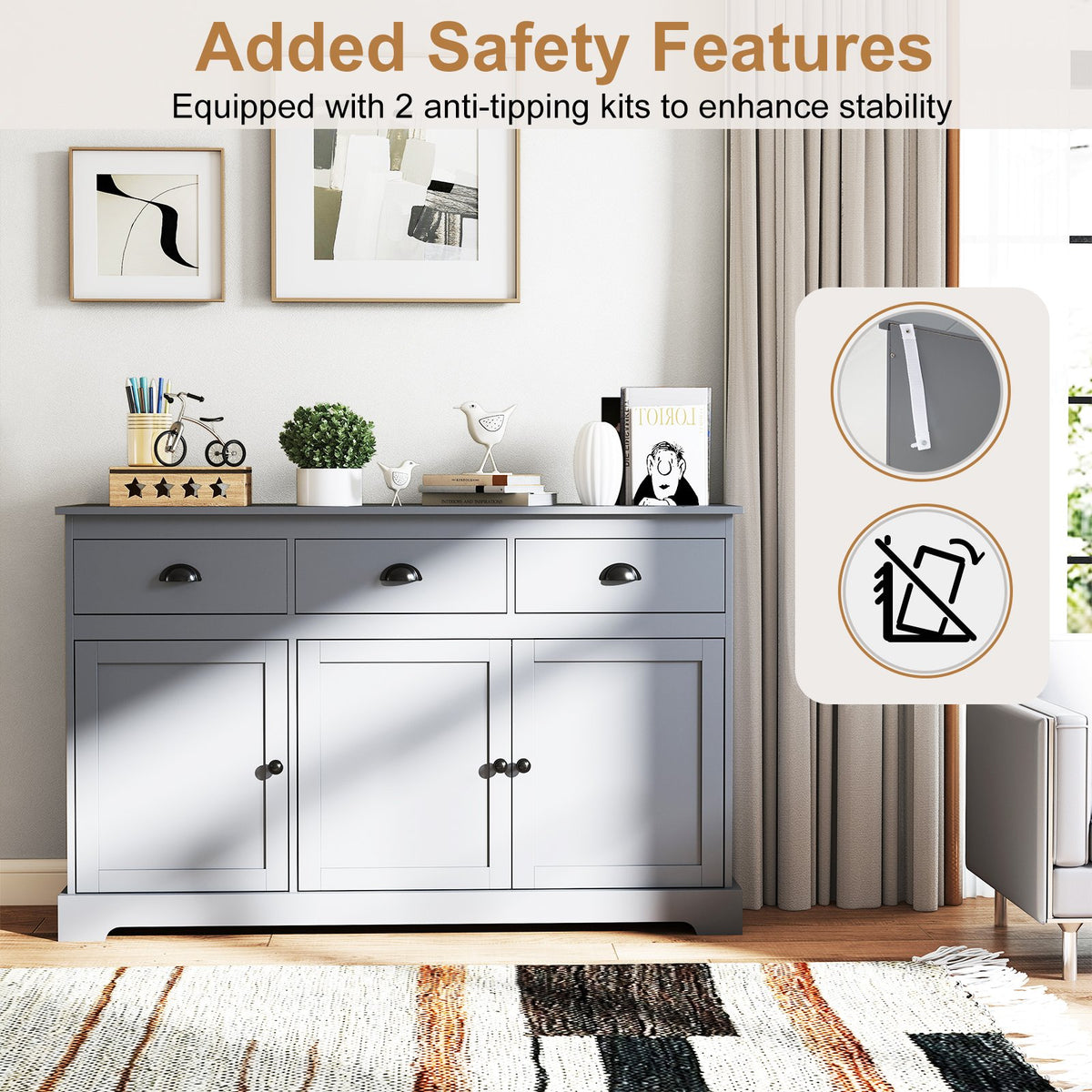 3 Drawers Sideboard Buffet Storage with Adjustable Shelves-Gray view 9
