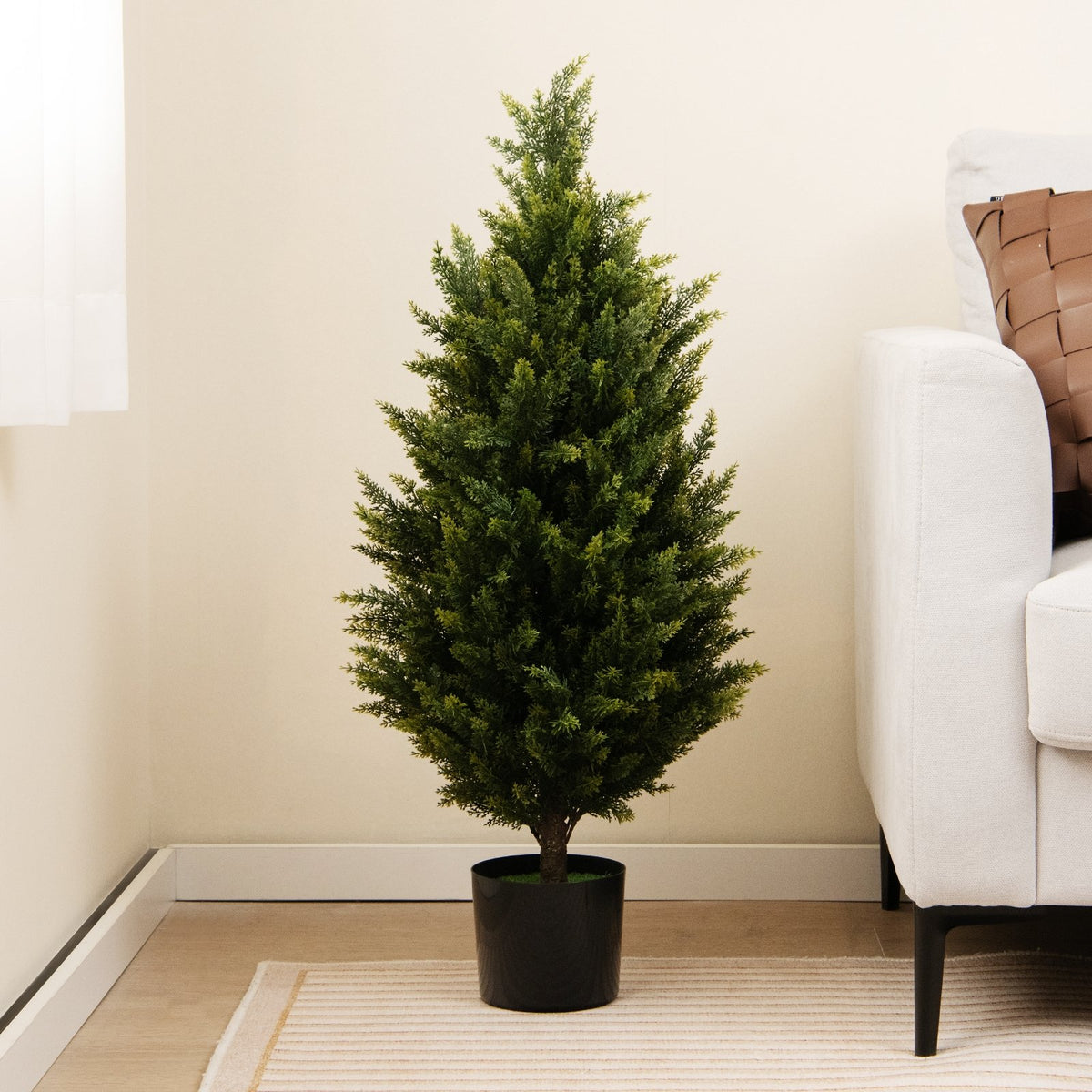 3 Feet Artificial Topiary Cedar Tree with Cement Plastic Pot and Faux Moss-Green view 2