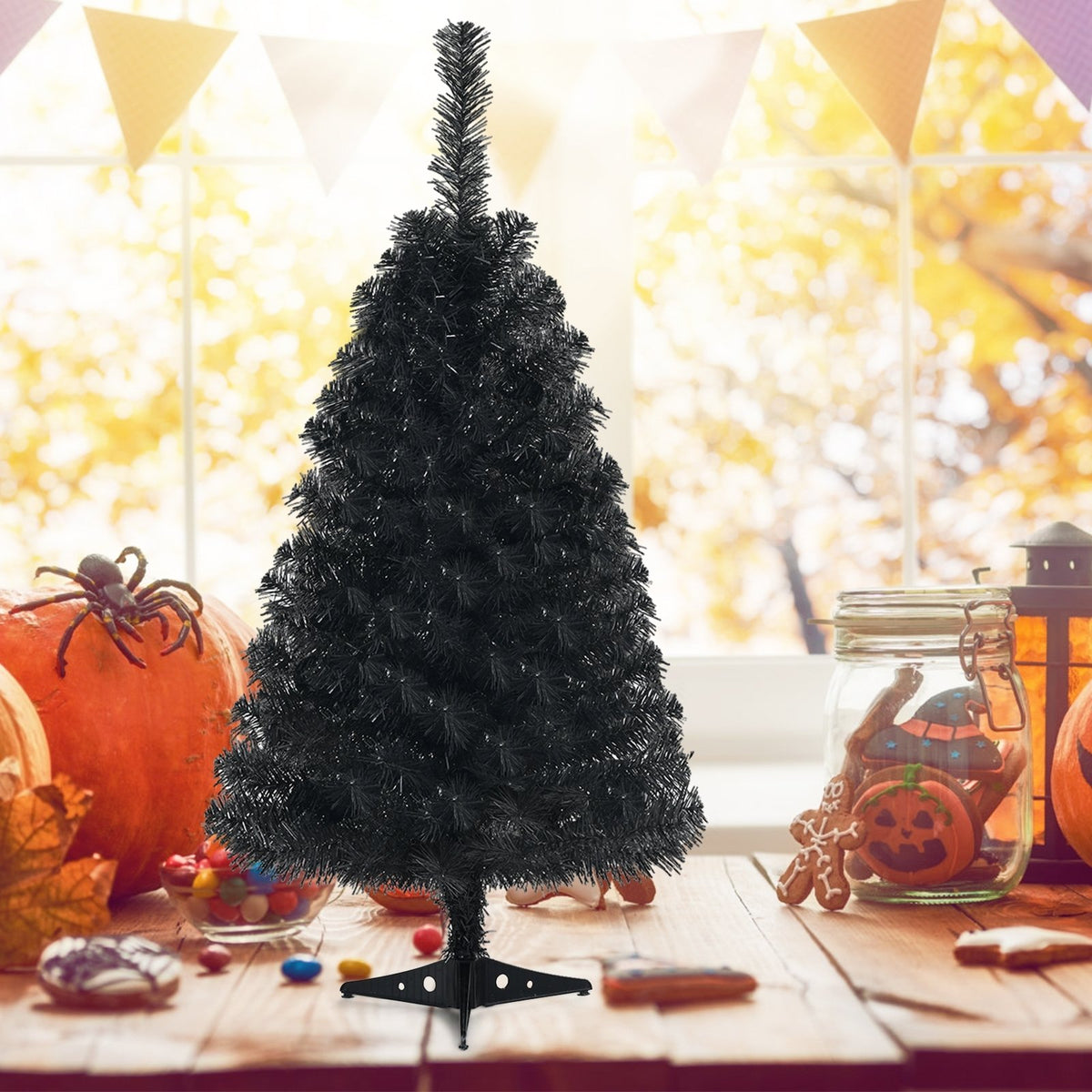 3 Feet Unlit Artificial Christmas Halloween Mini Tree with Plastic Stand-Black view 2
