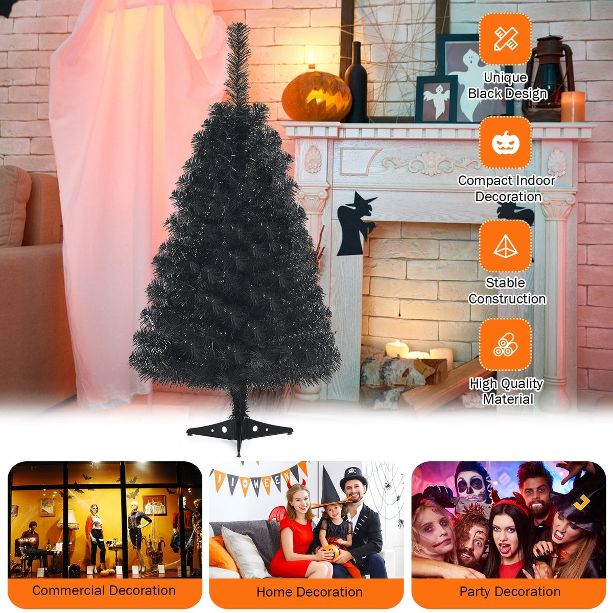 3 Feet Unlit Artificial Christmas Halloween Mini Tree with Plastic Stand-Black view 3