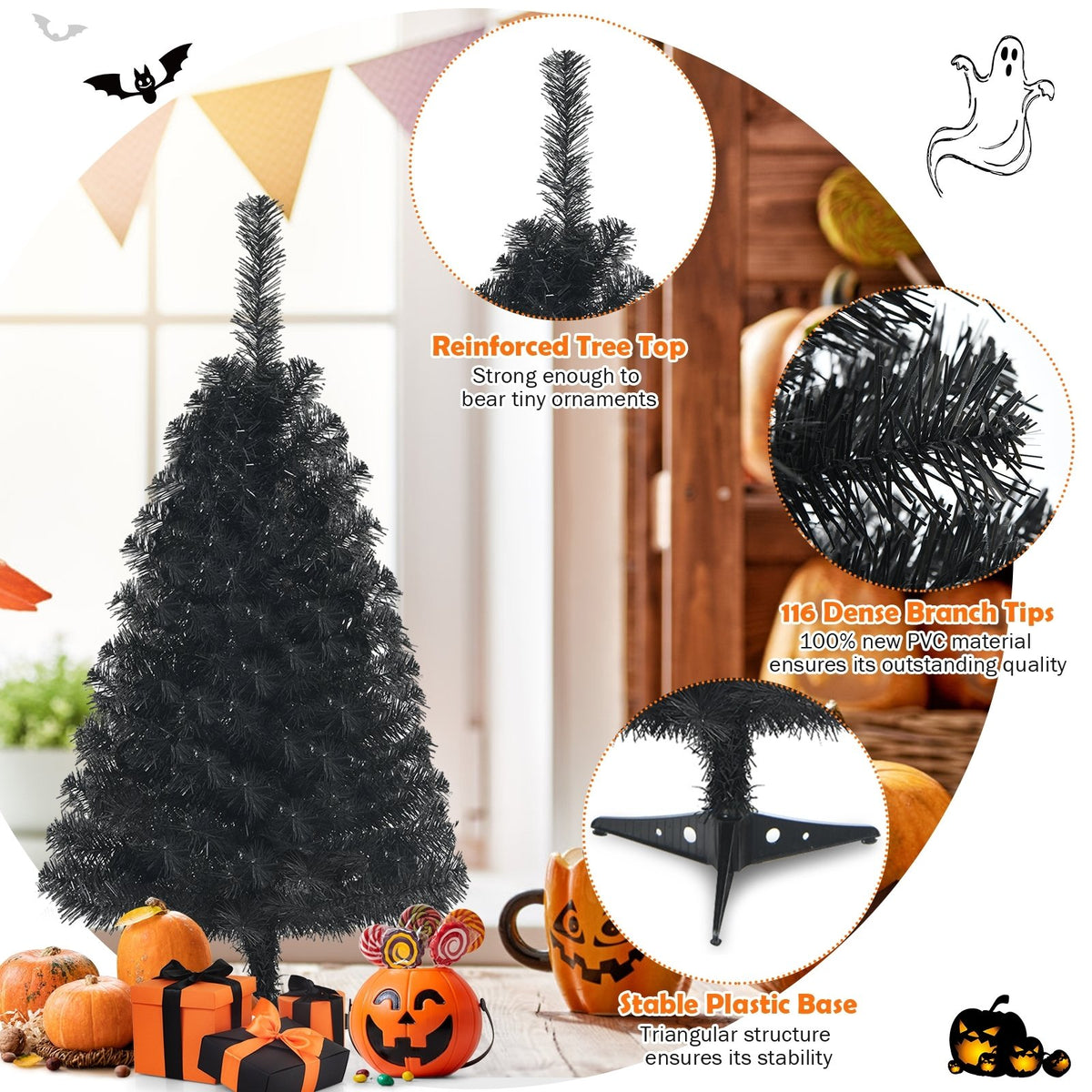 3 Feet Unlit Artificial Christmas Halloween Mini Tree with Plastic Stand-Black view 9