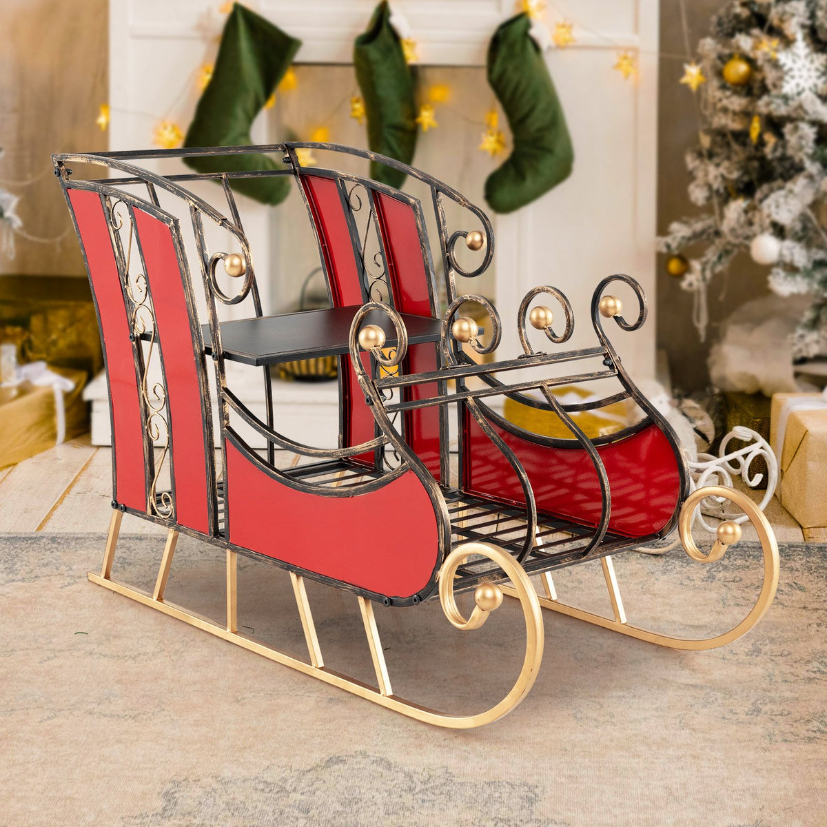 3 FT Christmas Metal Sleigh Decoration Santa Sleigh with 2-Tier Storage Shelf view 2