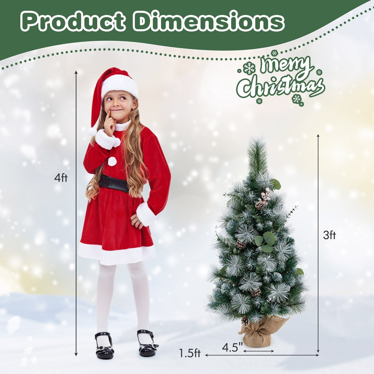 3 FT Pre-Lit Artificial Mini Christmas Tree with 98 Flocked PVC and Pine Needles view 5