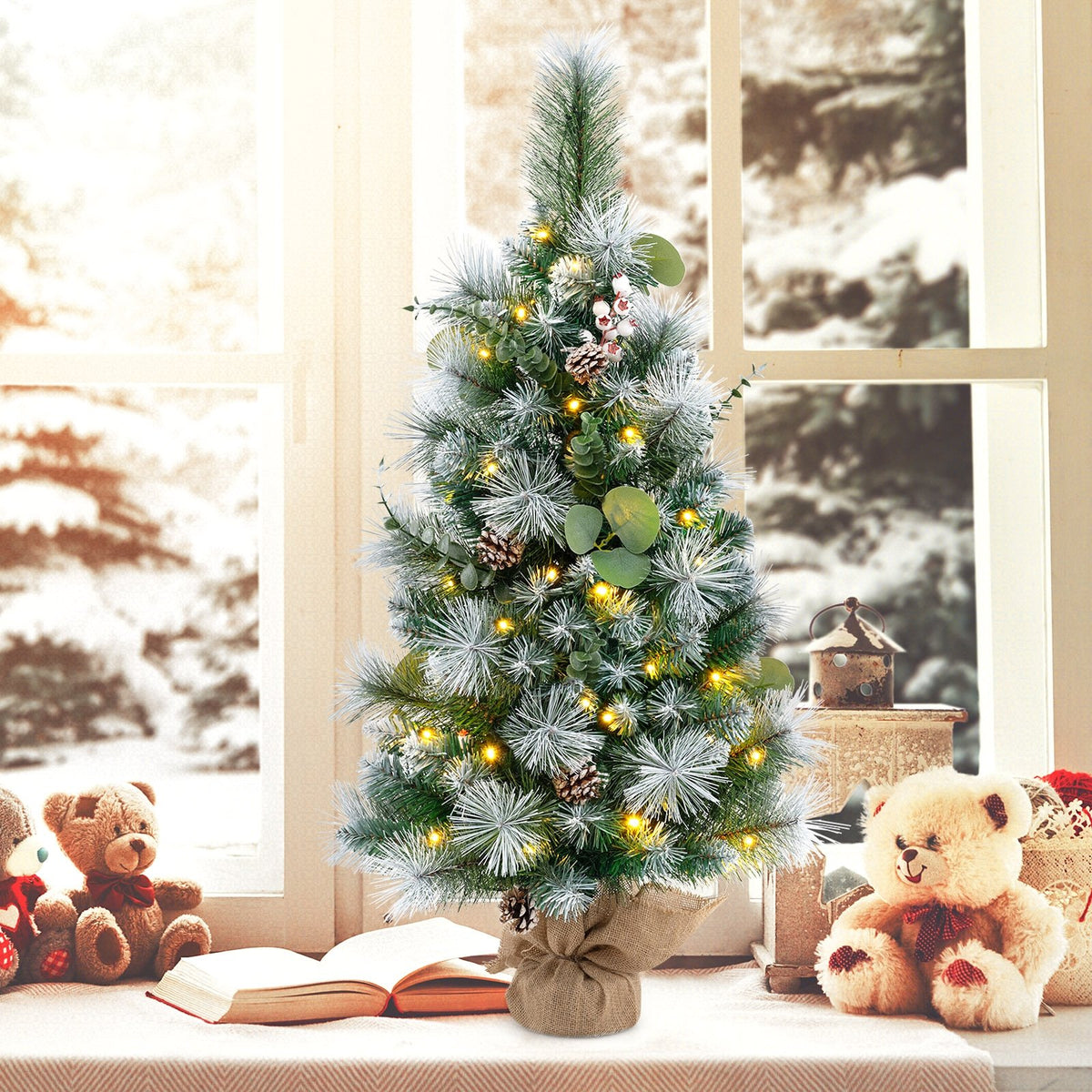 3 FT Pre-Lit Artificial Mini Christmas Tree with 98 Flocked PVC and Pine Needles view 6