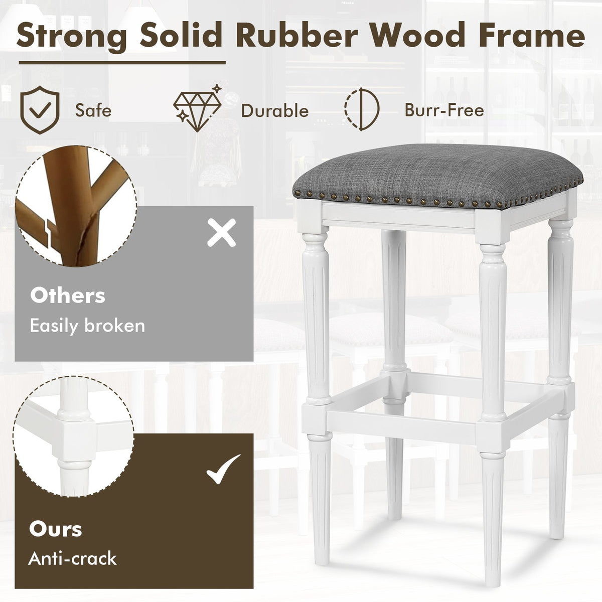 3 Heights Square Saddle Stool Set of 2 with Footrests and Padded Seats-Gray view 6