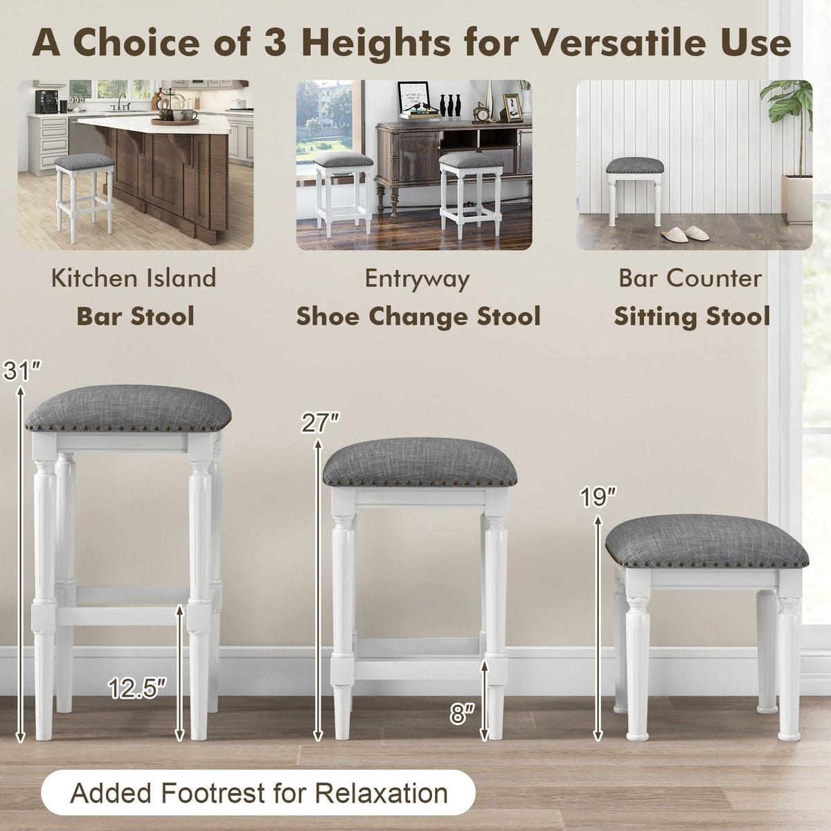 3 Heights Square Saddle Stool Set of 2 with Footrests and Padded Seats-Gray view 8