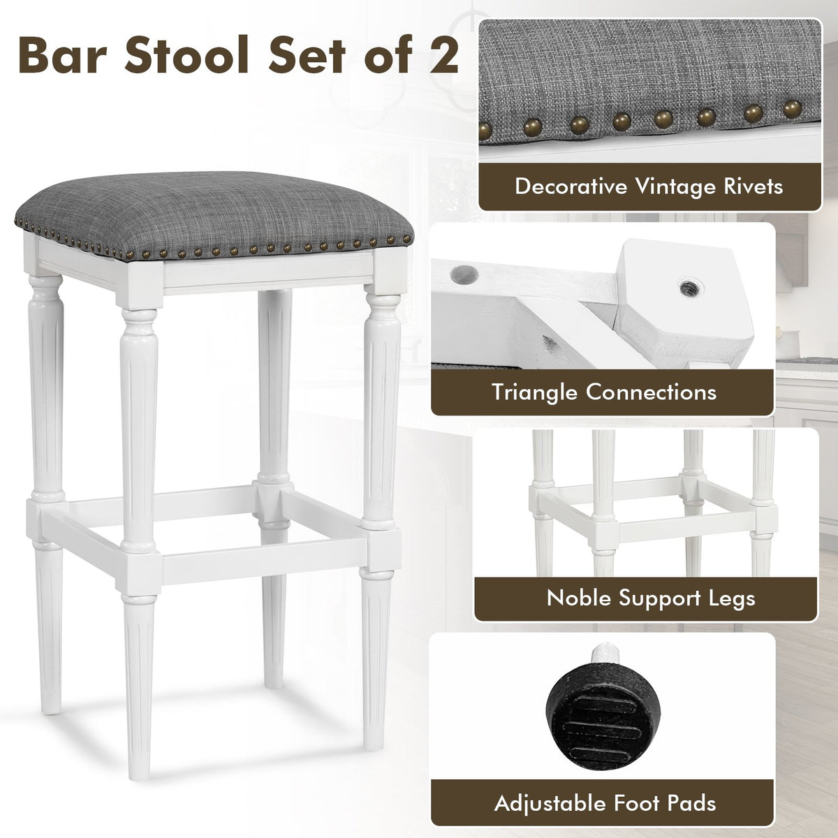 3 Heights Square Saddle Stool Set of 2 with Footrests and Padded Seats-Gray view 9
