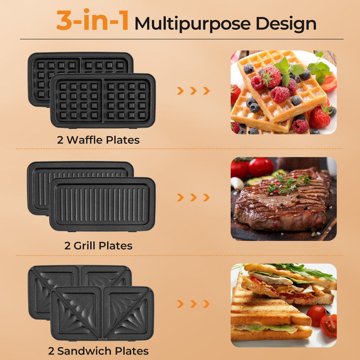 3-in-1 1082W Sandwich Maker with Removable Non-Stick Plates-Black view 5