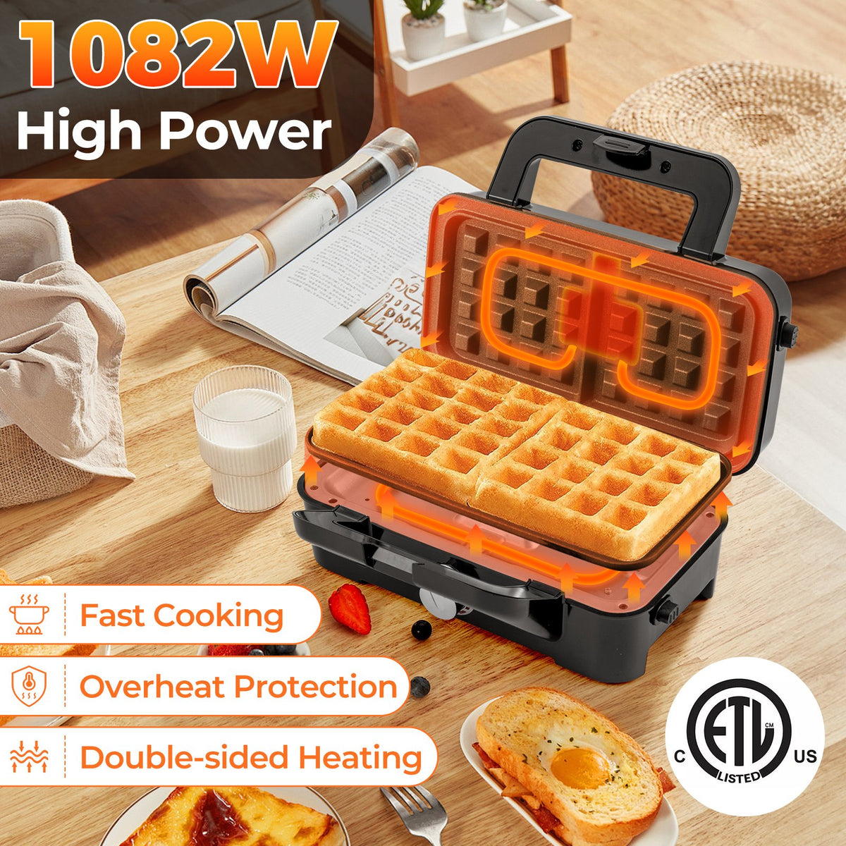 3-in-1 1082W Sandwich Maker with Removable Non-Stick Plates-Black view 7