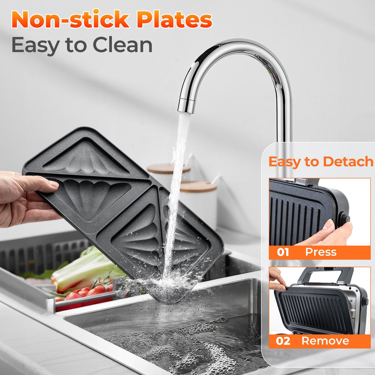 3-in-1 1082W Sandwich Maker with Removable Non-Stick Plates-Black view 8