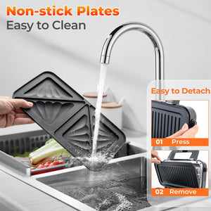 3-in-1 1082W Sandwich Maker with Removable Non-Stick Plates-Black view 8