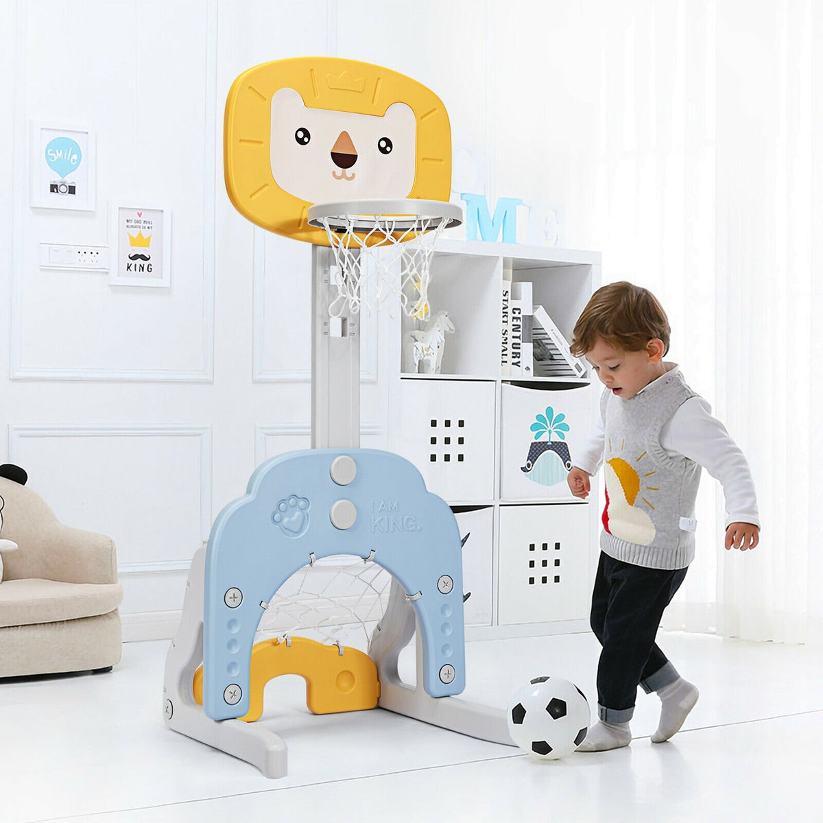 3-in-1 Adjustable Kids Basketball Hoop Sports Set-Yellow view 3