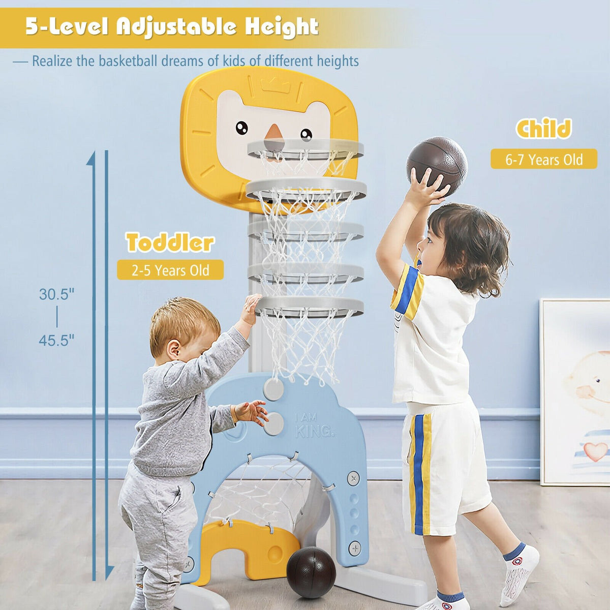 3-in-1 Adjustable Kids Basketball Hoop Sports Set-Yellow view 8