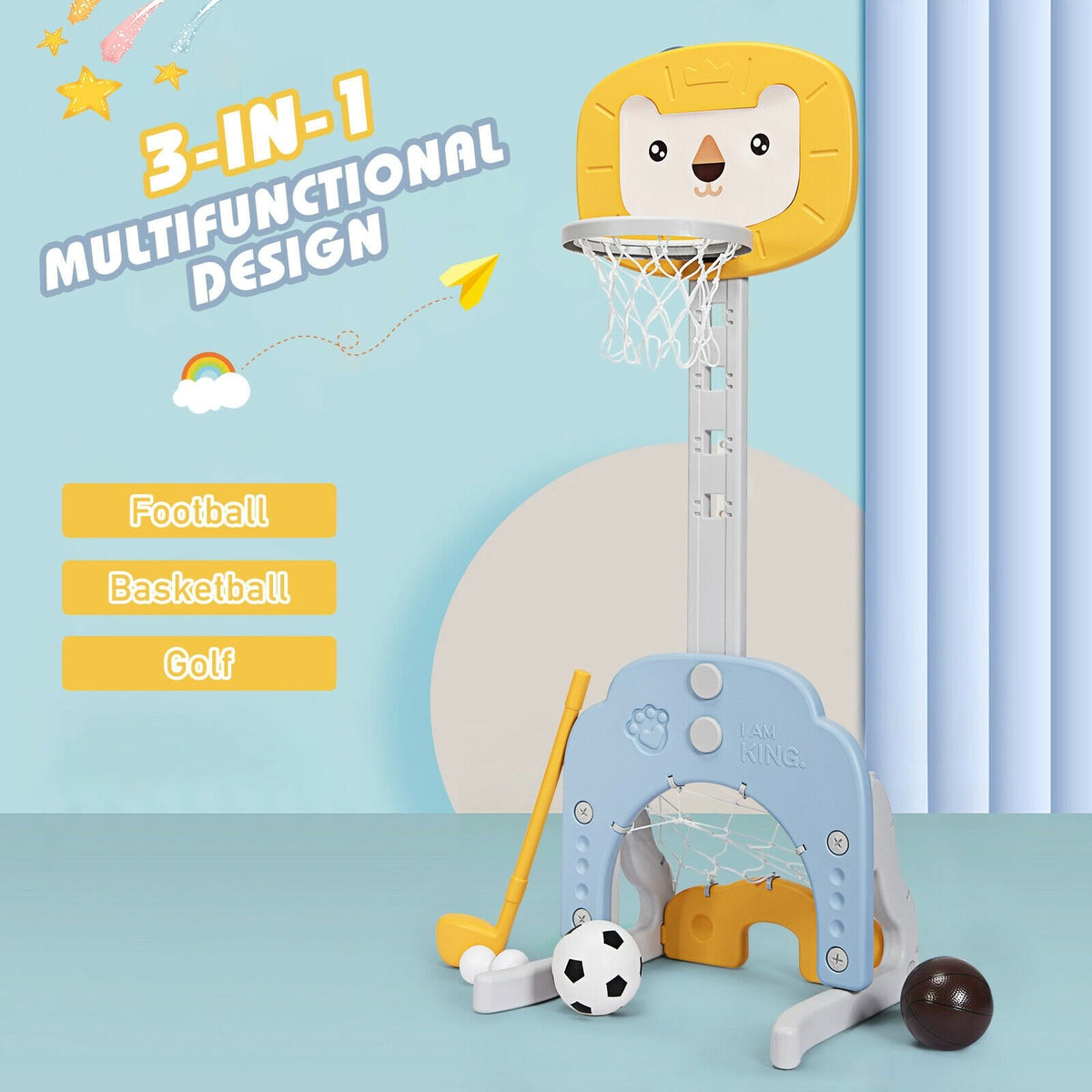 3-in-1 Adjustable Kids Basketball Hoop Sports Set-Yellow view 9