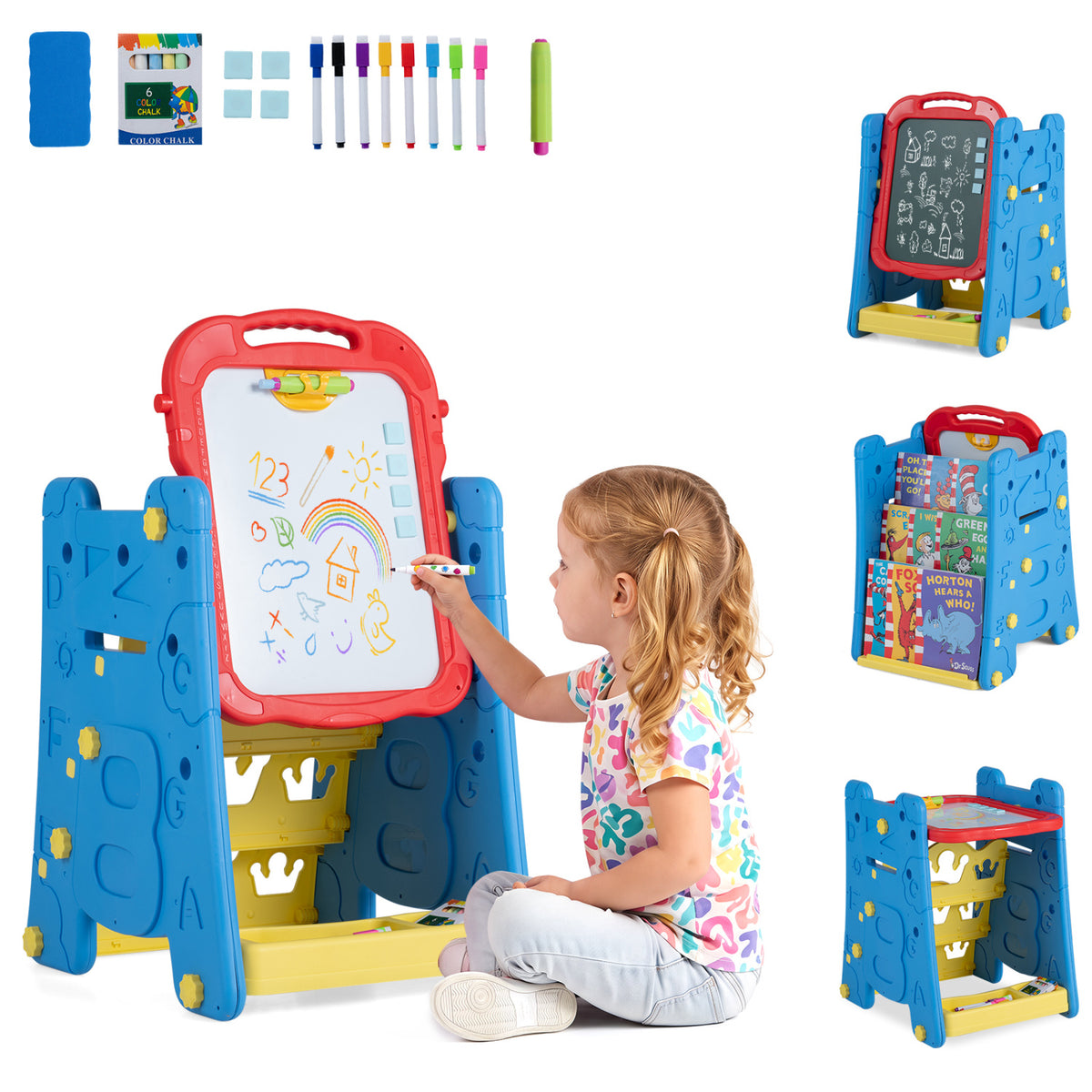 3 in 1 Art Easel for Kids with Double Sided Magnetic Board-Blue view 4
