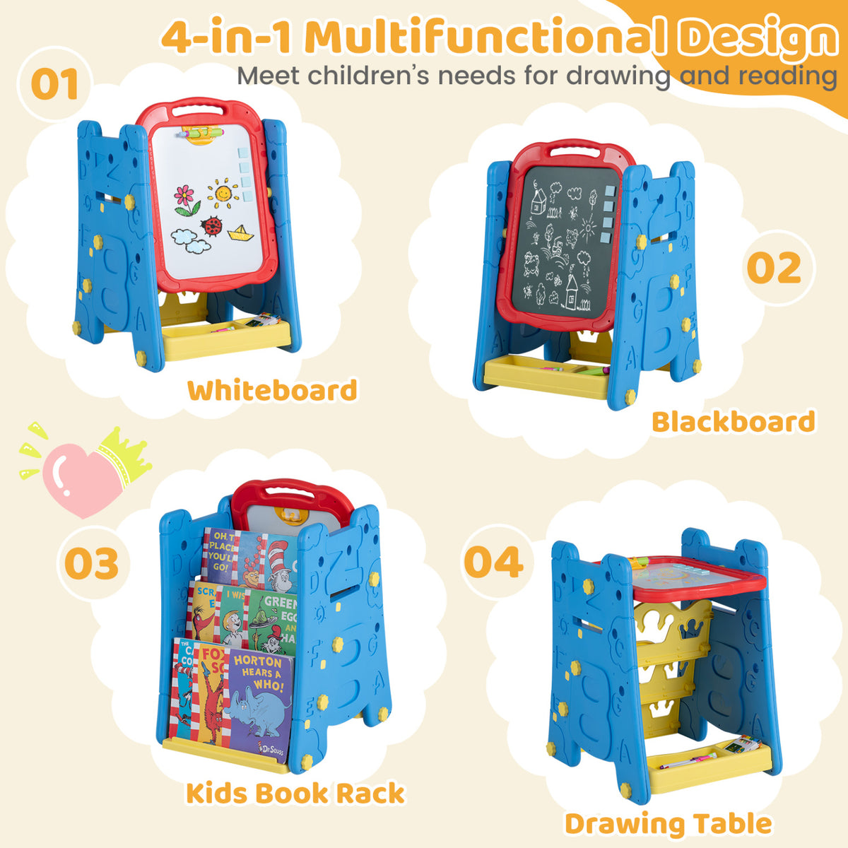 3 in 1 Art Easel for Kids with Double Sided Magnetic Board-Blue view 6