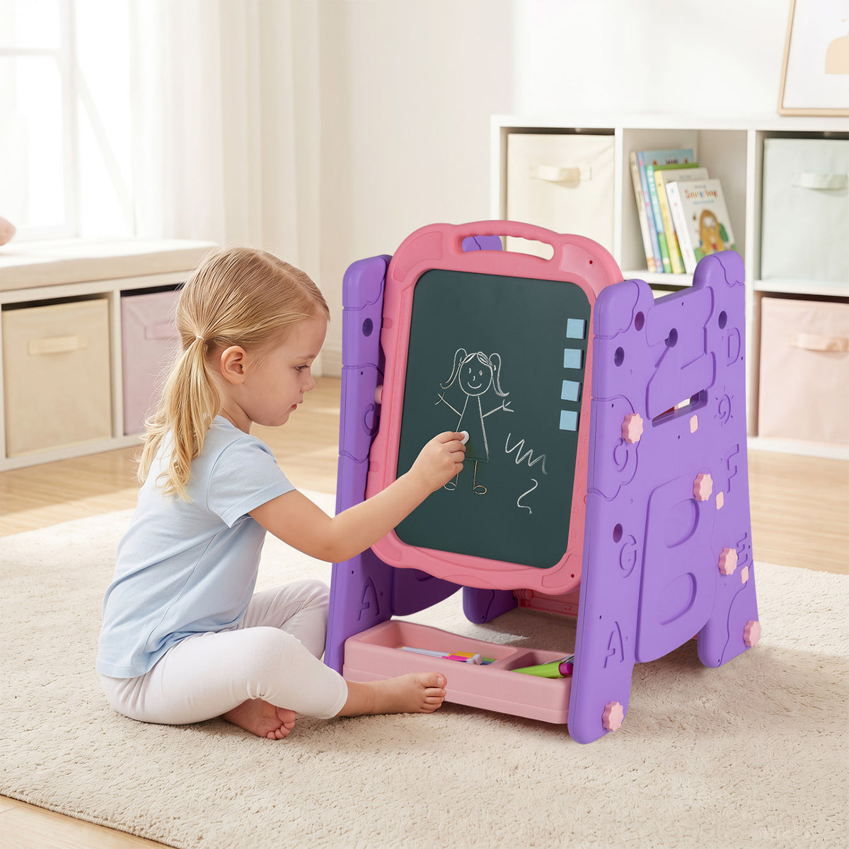 3 in 1 Art Easel for Kids with Double Sided Magnetic Board-Pink view 3