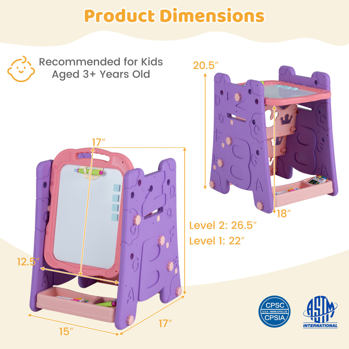 3 in 1 Art Easel for Kids with Double Sided Magnetic Board-Pink view 5