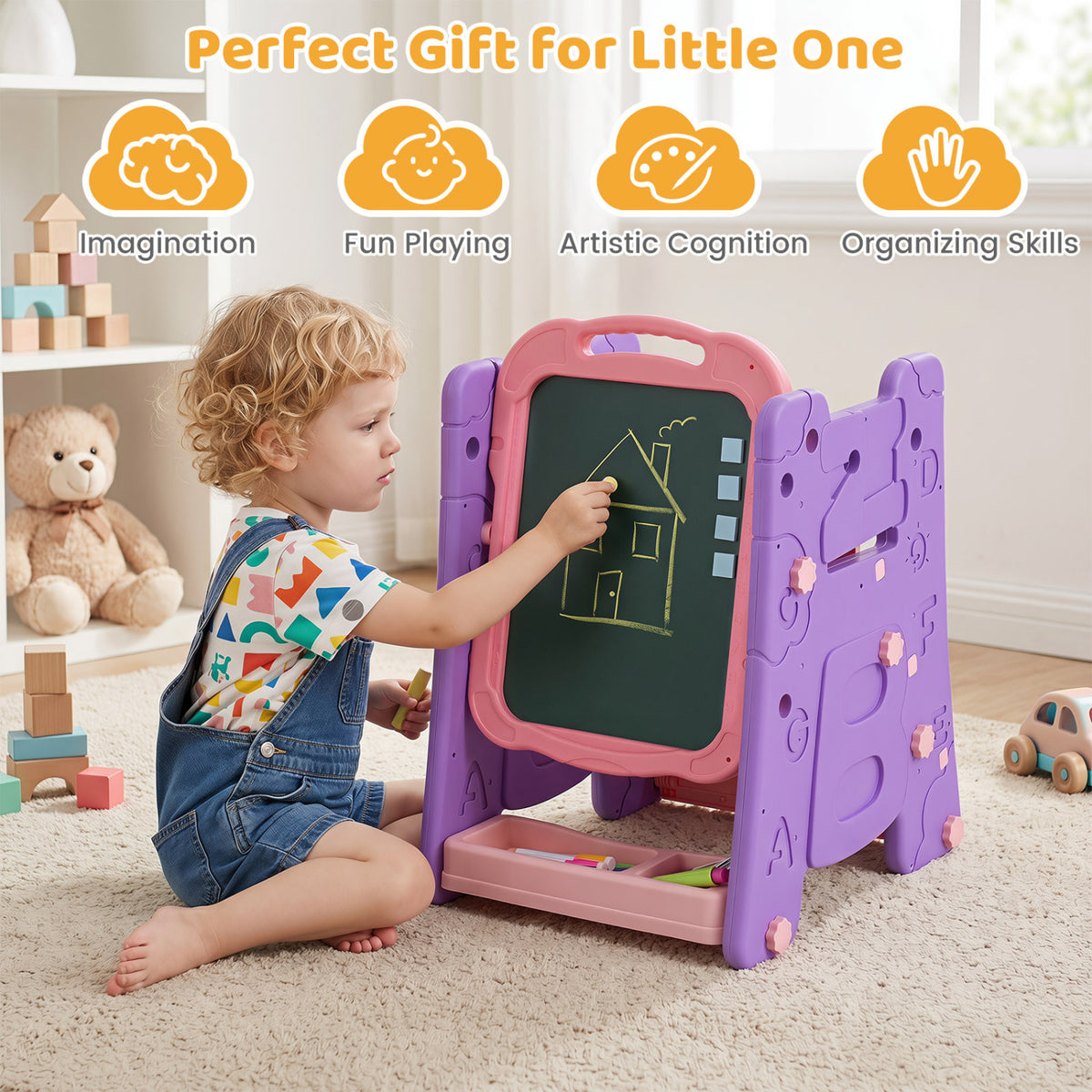 3 in 1 Art Easel for Kids with Double Sided Magnetic Board-Pink view 9