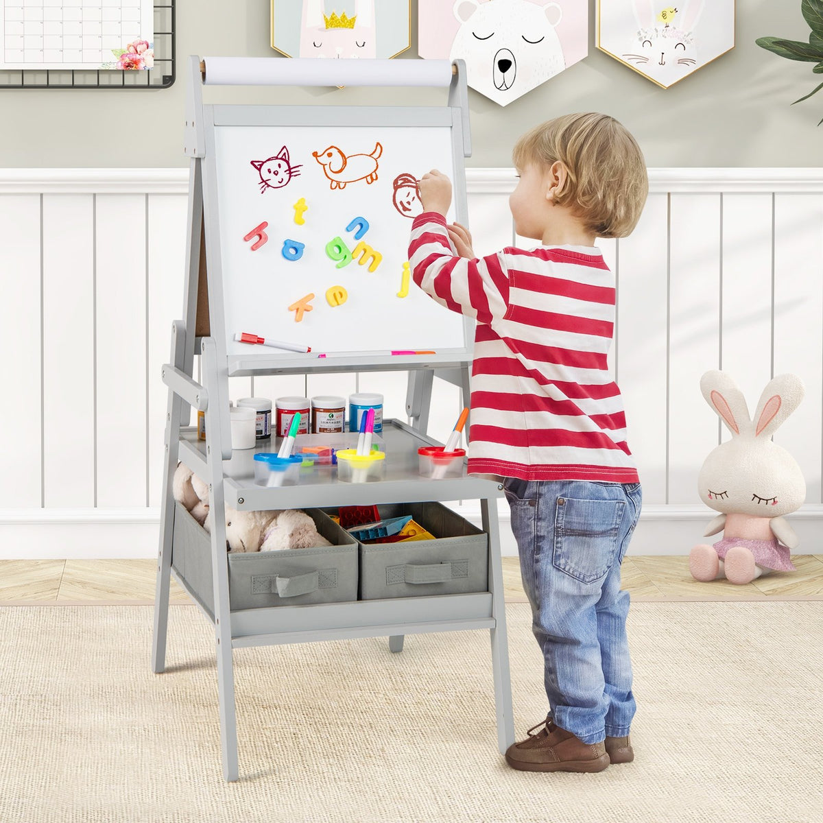 3-in-1 Art Easel for Kids with Magnetic Chalkboard and Whiteboard-Gray view 3