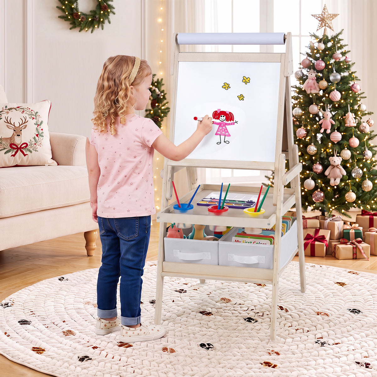 3-in-1 Art Easel for Kids with Magnetic Chalkboard and Whiteboard-Natrual view 2