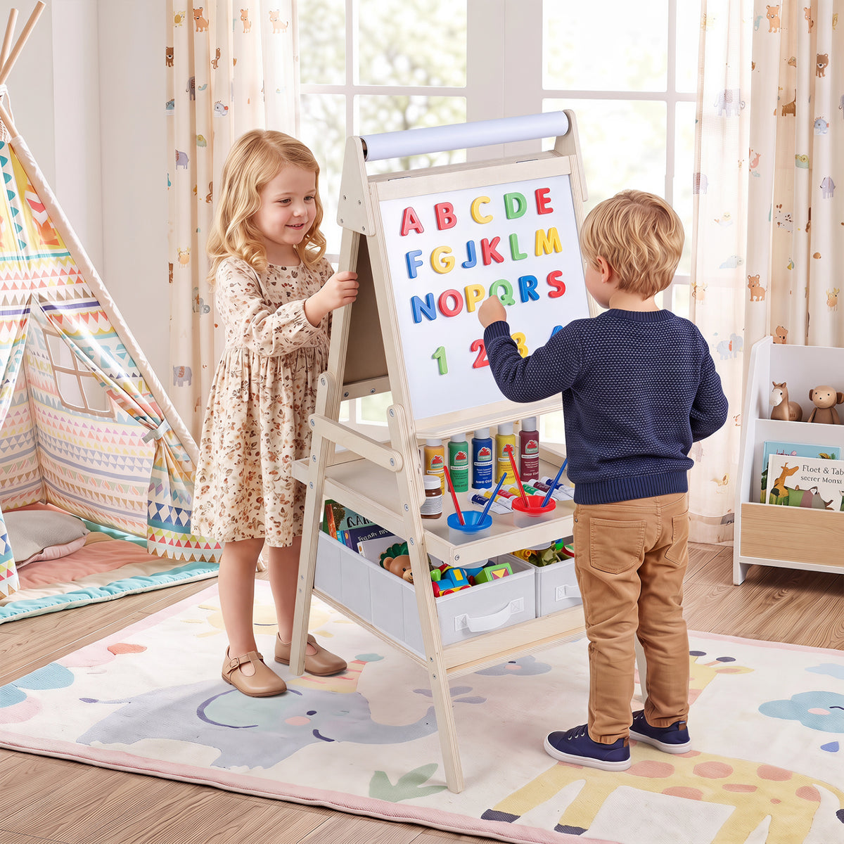 3-in-1 Art Easel for Kids with Magnetic Chalkboard and Whiteboard-Natrual view 3