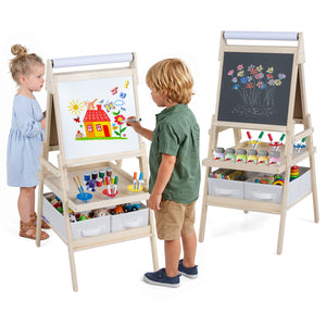 3-in-1 Art Easel for Kids with Magnetic Chalkboard and Whiteboard-Natrual view 4