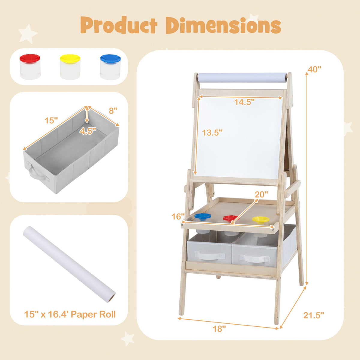 3-in-1 Art Easel for Kids with Magnetic Chalkboard and Whiteboard-Natrual view 5
