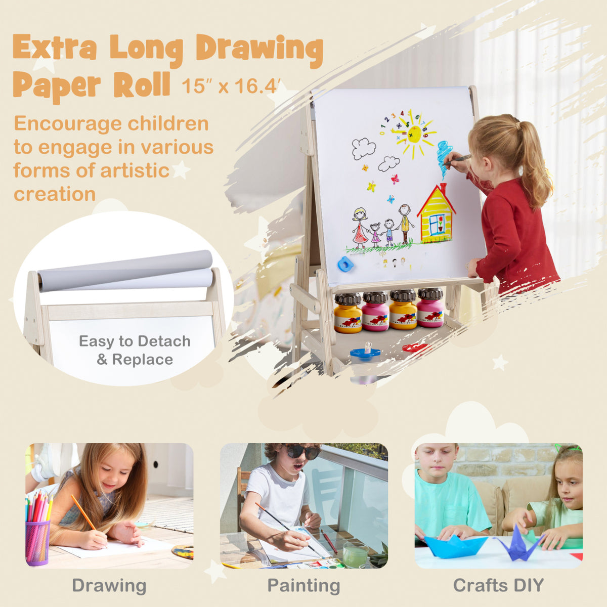 3-in-1 Art Easel for Kids with Magnetic Chalkboard and Whiteboard-Natrual view 8