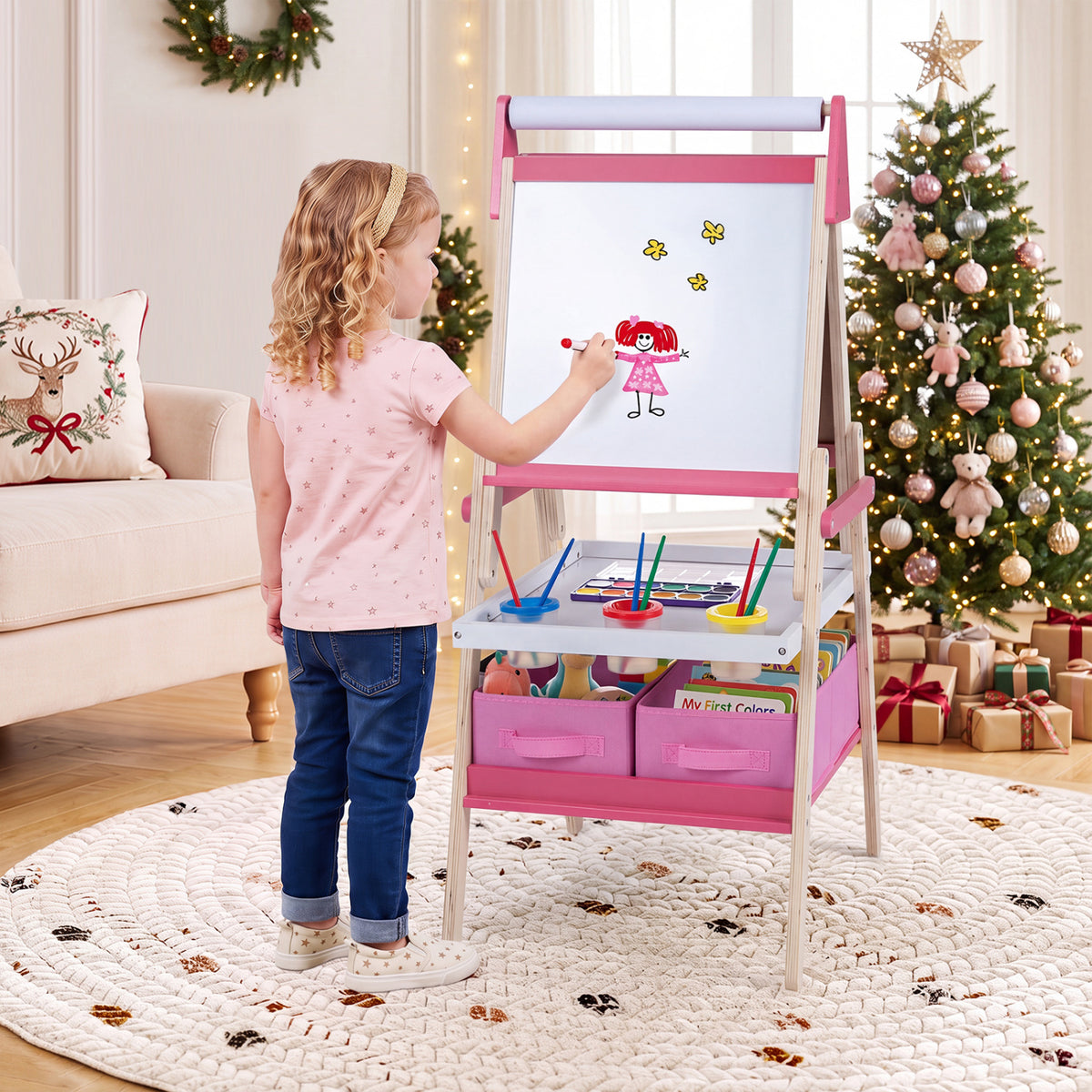 3-in-1 Art Easel for Kids with Magnetic Chalkboard and Whiteboard-Pink view 2