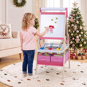 3-in-1 Art Easel for Kids with Magnetic Chalkboard and Whiteboard-Pink view 2