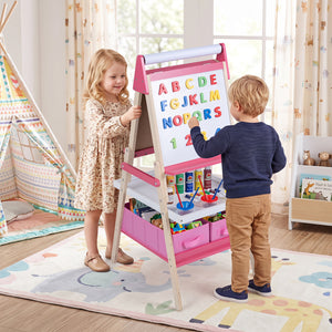 3-in-1 Art Easel for Kids with Magnetic Chalkboard and Whiteboard-Pink view 3