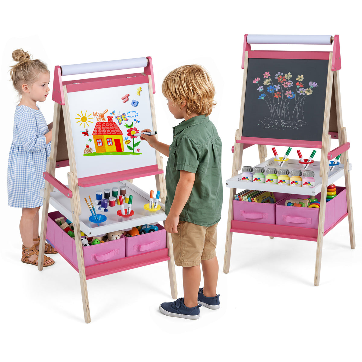 3-in-1 Art Easel for Kids with Magnetic Chalkboard and Whiteboard-Pink view 4