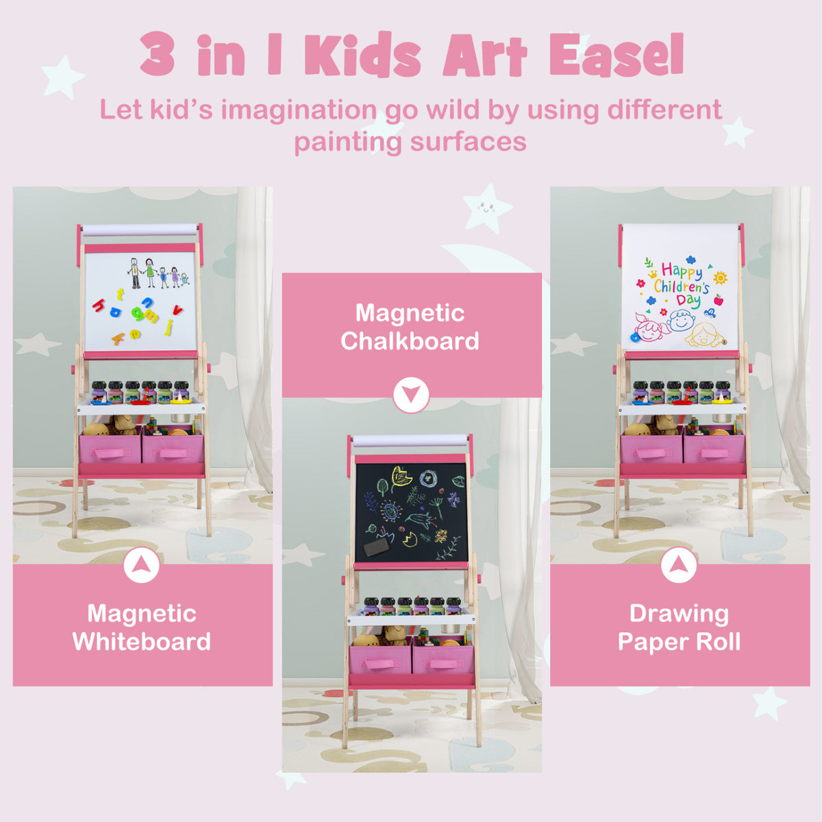 3-in-1 Art Easel for Kids with Magnetic Chalkboard and Whiteboard-Pink view 6