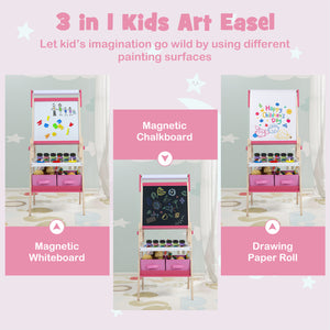 3-in-1 Art Easel for Kids with Magnetic Chalkboard and Whiteboard-Pink view 6