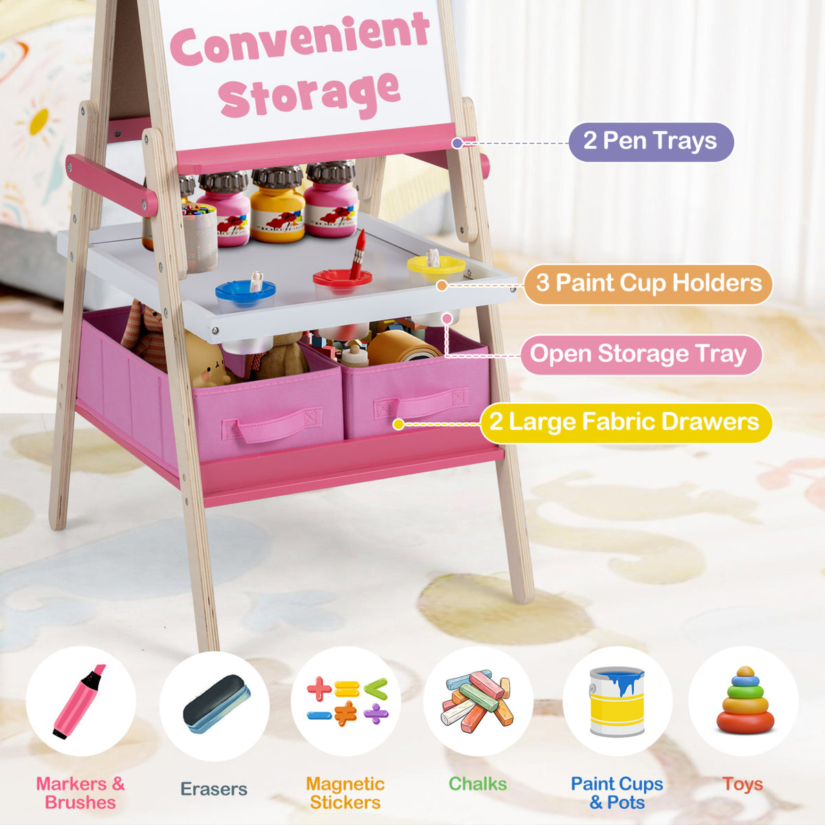 3-in-1 Art Easel for Kids with Magnetic Chalkboard and Whiteboard-Pink view 7