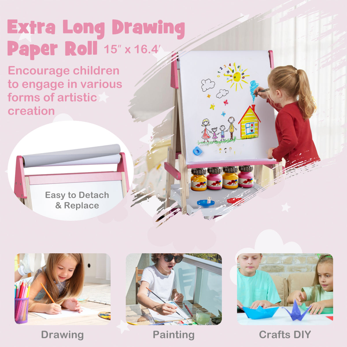 3-in-1 Art Easel for Kids with Magnetic Chalkboard and Whiteboard-Pink view 9