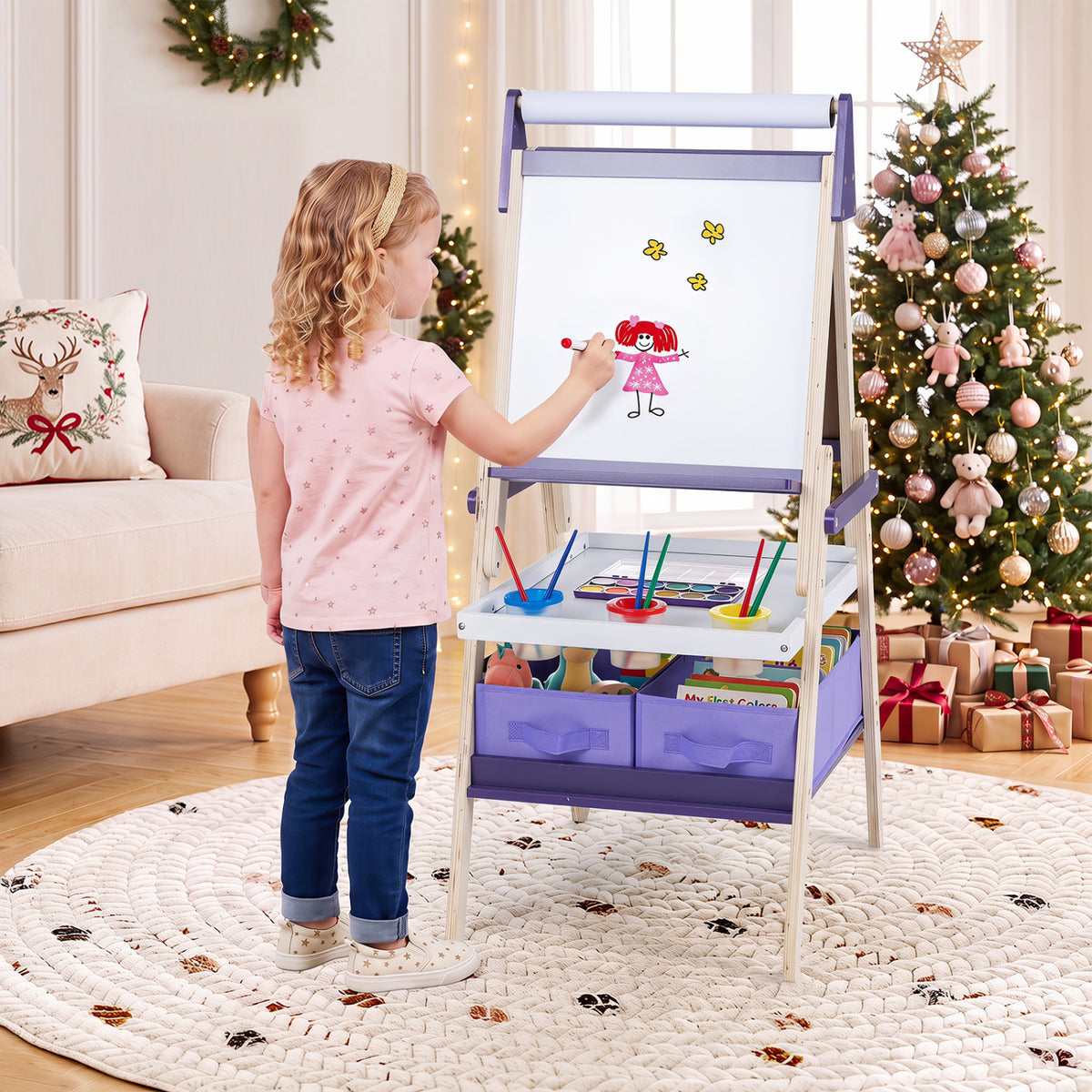 3-in-1 Art Easel for Kids with Magnetic Chalkboard and Whiteboard-Purple view 2